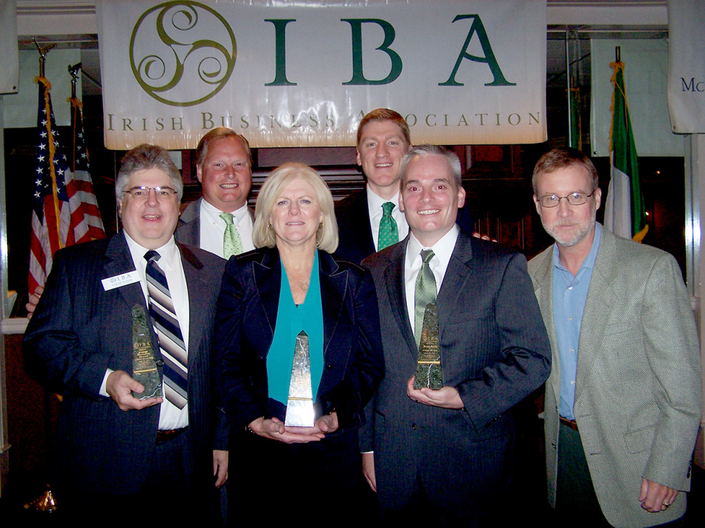 (above) The Irish Business Association (IBA) of New Jersey honored the honorees at its Seventh Annual Awards Dinner, held June 25 at the Westwood in Garwood, New Jersey. (front row left to right) Steve Flood, owner of Scomage Information Services, Business of the Year; Woman of the Year Kathleen Connelly of Lindabury, McCormick, Estabrook & Cooper; and Man of the Year Brian Reilly of Centric Benefits Consulting. Joining them are (back row) Rich Callaghan of Capital Securities Management and event emcee, Tom Farrell of PMW Advisory Group and (front row right) Christopher Reardon of Reardon Communications Group.