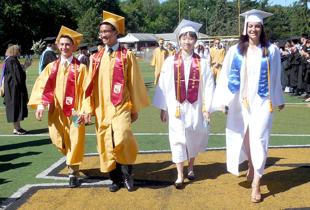 Student speakers at the Watchung Hills Regional High School graduation on Wednesday, June 24, are, from left: Jeff Pecoraro, President of the All Student Council; Joseph Da, who gave the Salutatory address; Christiana Liao, who gave the Valedictory address; and Katherine Schechter, president of the Class of 2015.