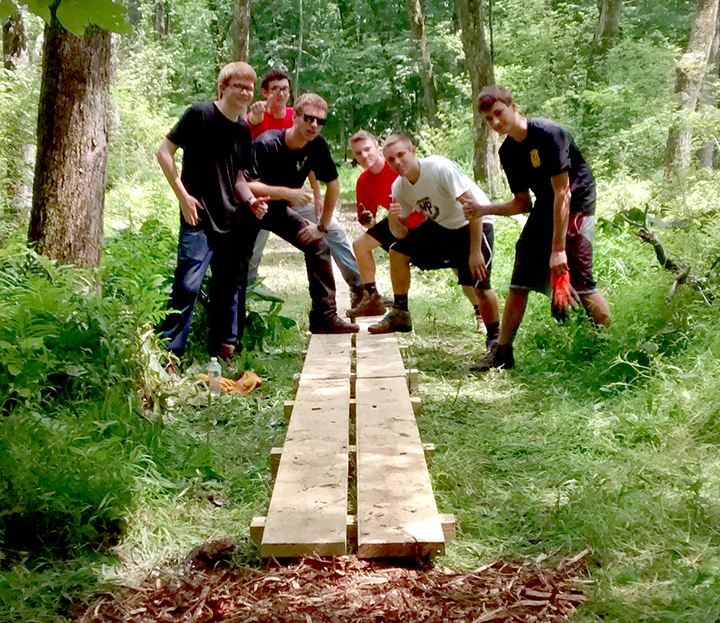 Building the bog bridge, (above l-r): Michael Maloney, Brady Pilsbury, Rob Pilsbury, Andrew Cantone, Austin Cantone, Mitchell DiPaolo