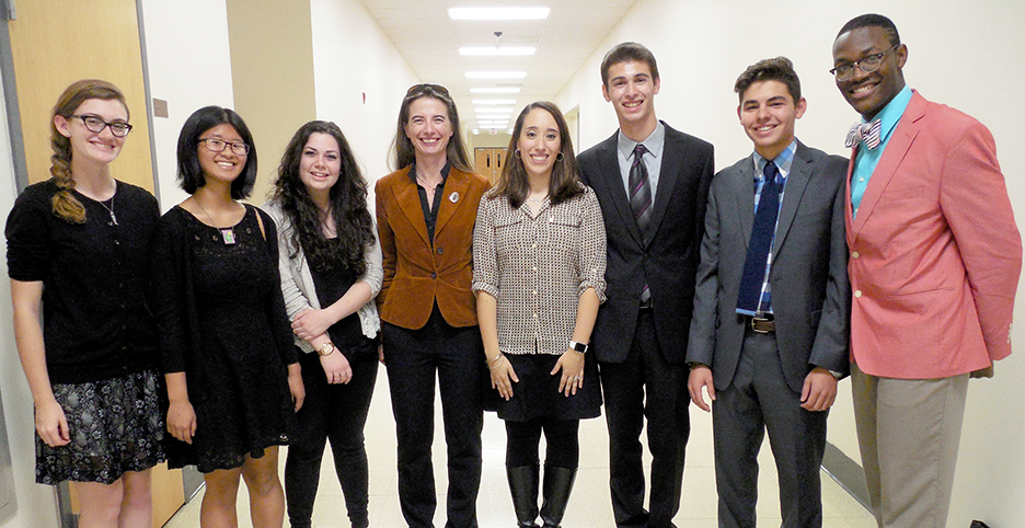 (above) The newly inducted student officers of the Watchung Hills Regional High School chapter of the Tri-M Music Honor Society gather with their faculty advisor, Watchung Hills Music teacher Angela DiIorio Bird, fifth left, and guest speaker, Mezzo Soprano Opera Singer and Voice Professor Angelika Nair, fourth left. From left are: students Alyssa Rosenblum, chapter secretary; Isis Zhang, chapter Historian; and Jillian Carbone, vocal president; Nair; DiIorio Bird; and students Andrew Morrison, instrumental president; Justin Panzarino, treasurer; and Jordon Reynolds, instrumental vice-president.