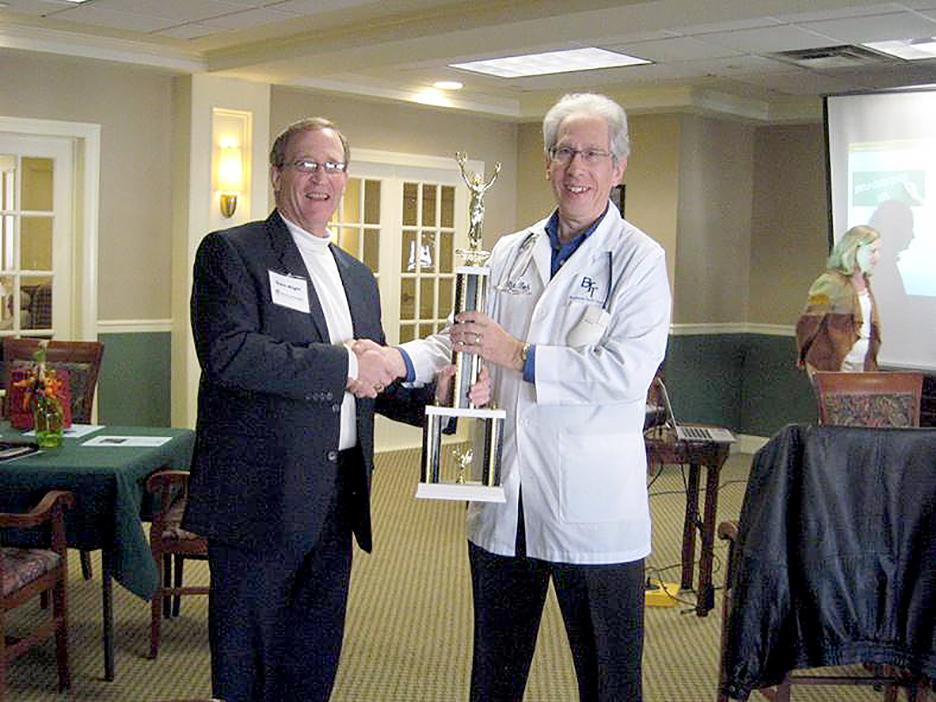 (above) Dave Wight from Performance Leadership Systems, winner of the 30 second commercial for the October Somerset Hills Business Network Group (left) and Bob Springer from Business Tech Team, head of SHBN (right). The Chelsea at Warren hosted the event.