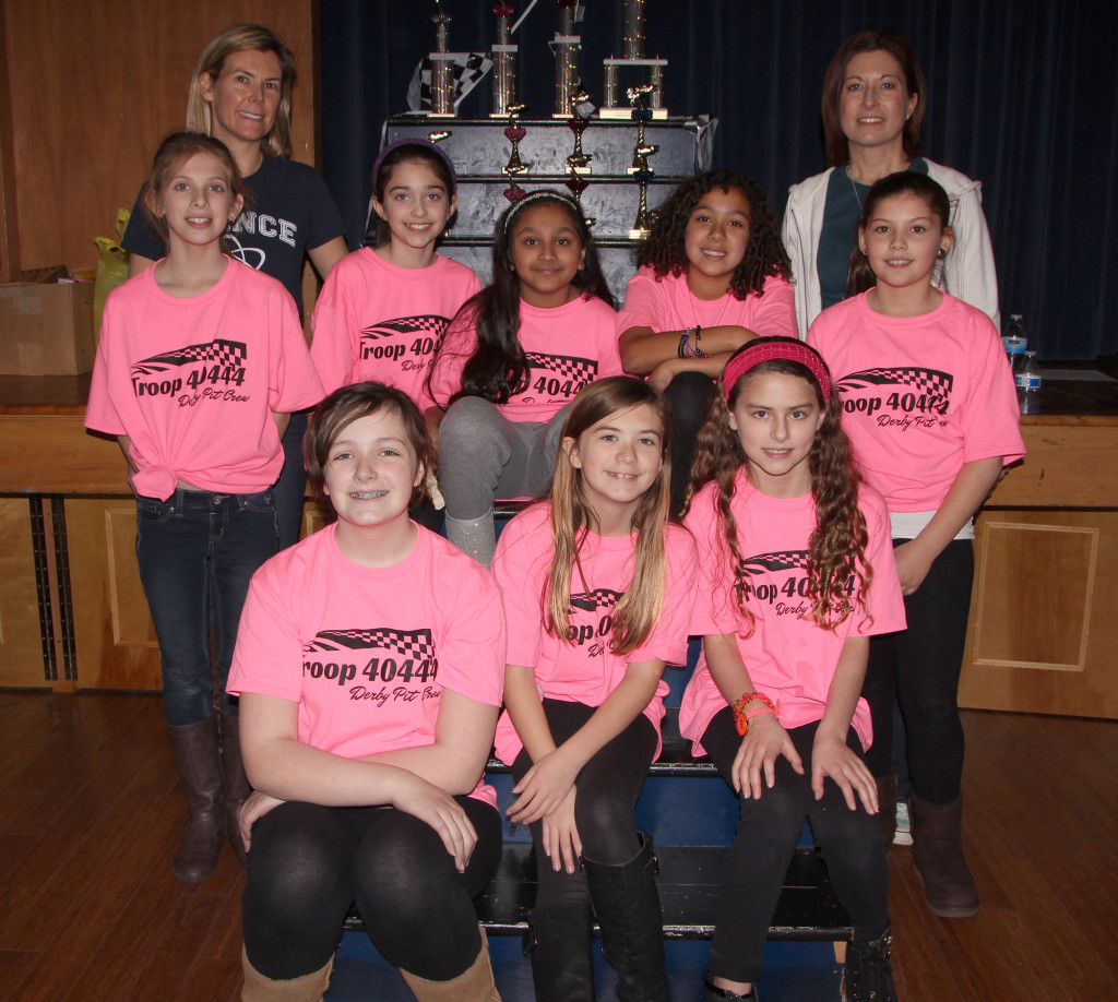 (above) The Derby was run by Girl Scout Troop 40444: (top,-r) Troop Leaders Erin Esteves and Stephanie Patterson. (middle, l-r) Eva Salvatore, Kyra Patterson, Isha Agni, Maeve Boger O’Bryan, Ava Campos. (front, l-r) Melissa Collins, Gwyneth Esteves, Anna Waller