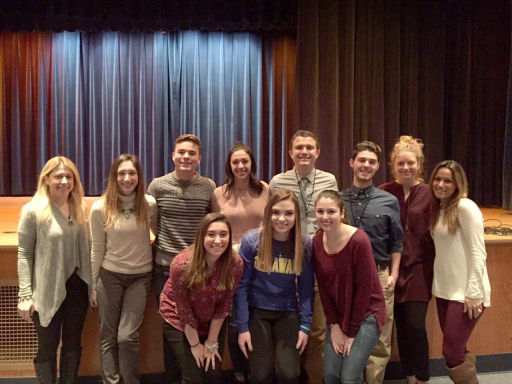 (left, front, l-r) Gina Aucello, Monmouth University, Marissa Hampp, University of Delaware, Lauren Semler, Montclair University (back, l-r) Ellen Zamboni, counselor, Erica Palmieri, counselor, Lucas Gallo, Stevens Institute, Danielle Marzano, Marist, Albert Martin, TCNJ, Michael Palermo, Montclair University, Molly Cusick, counselor and Jennifer Sanchez, counselor.