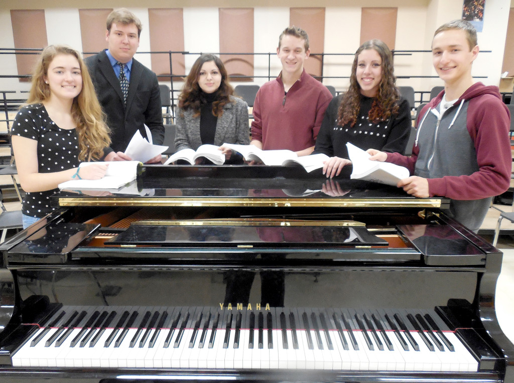 (above, l-r) Leads in the WHRHS Spring Musical, “She Loves Me,” rehearse after school, Junior Jackie Romankow of Gillette, Senior Alex Bird of Millington, Senior Judy Tounsi of Green Brook Township, Sophomore Sam Sinnott of Millington, Senior Julia Sluyter of Gillette and Senior Ryan Prestera of Stirling.