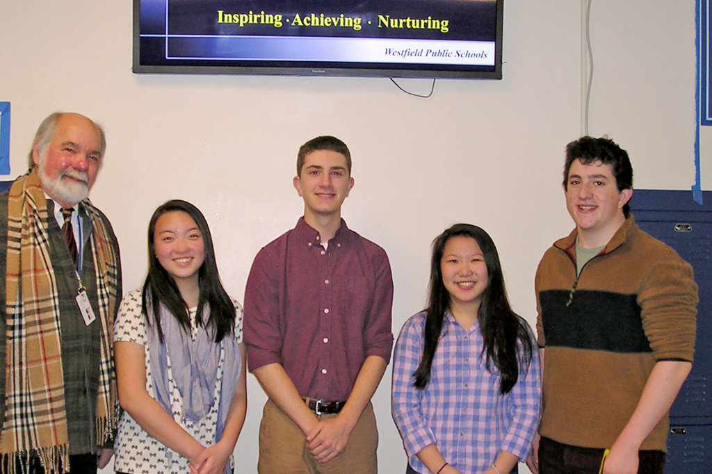 (above l-r) Congratulated by David Stoneback, Westfield Science Department Supervisor K-12, are Soo Min Chung and Michael Hauge, nominees for the Governor's School in the Sciences at Drew University; and Amy Liang and Spencer Fishman, nominated to the Governor's School of Technology & Engineering at Rutgers University.