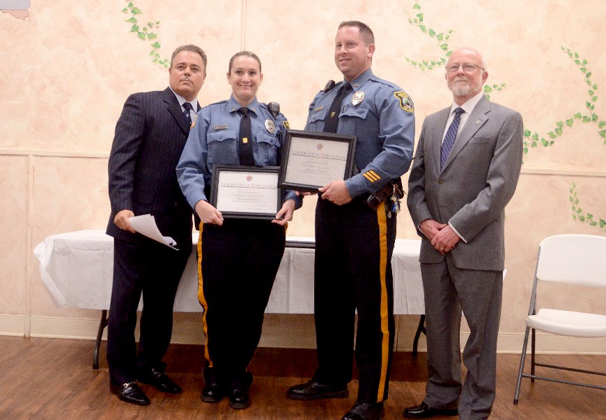 (above) Fanwood Police Officers Kevin Stomber and Kathleen Case where recognized for successfully delivering a breach baby last August inside a home on Westfield Road.