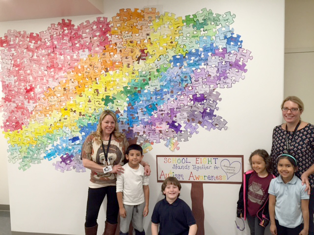 (above) Linden School No. 8 teacher Mrs. Kim Picciano, students Mattias Ramirez, Adam Hadidi, Olivia Kramarski, Leslie Garcia and Mrs. Jennifer Smith, Principal of School No. 8 pictured in front of the School No.8 Unity Tree.