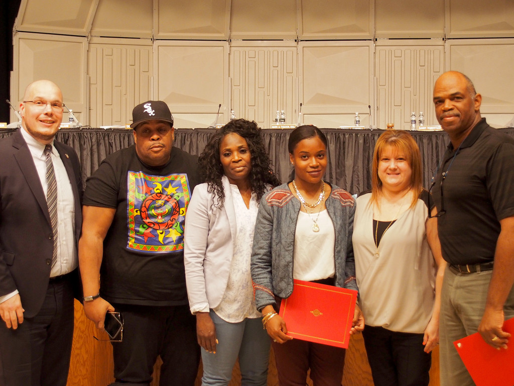 (above) Dr. Danny A. Robertozzi and the Linden Board of Education members recognized a member of the Linden High School Varsity Girls Track Team Iyanna Jenkins. Iyanna Jenkins is an All-American and is ranked in the top 15 sprinters in the State of New Jersey. She currently holds the school record in the 55 meter dash; is a member of the record breaking 4 x 100 Meter Relay team, the 4 x200 Meter Relay tean, and the Shuttle Hurdle Relay team. This year Iyanna surprised everyone when she became the North Jersey Section II Group IV State 55 Meter Dash Champion.