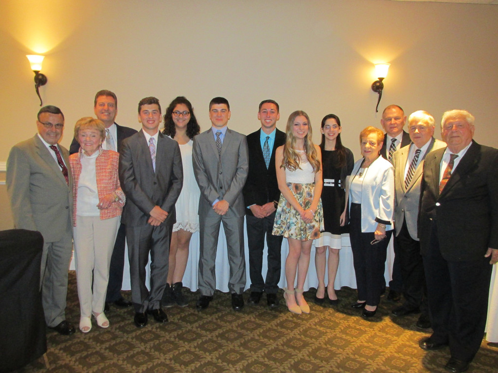 (above l-r) Gran Centurion President Bob Tarte, committee member Marge Jasman, Recreation Director Ralph Bernardo, scholarship recipients Michael DeMarco, Sabah Elgarhy, Colin Heaning, Matthew Hennessey, Alexandra Grady, Mary Fagen, committee members, Jo Vincenti, Frank Barto, Henry Varriano and Angelo Preite.