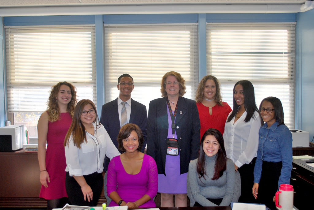 (above, l-r) Dr. Camp invites Honor Society presidents to share their achievements: Clarissa Miranda- Simmons, Natalie Quelopana, Cedric Price, Sephora Delice, Dr. Camp, Raquel Sosa, Katelynn Perez, Anly Paulino, Luzangela Martinez Photo by: Joseph Mudrak